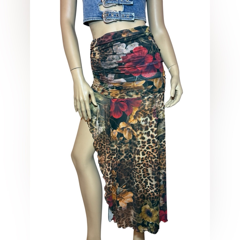 Windsor Leopard Floral Mesh Ruched High Slit Maxi Skirt NWT Size S Festival